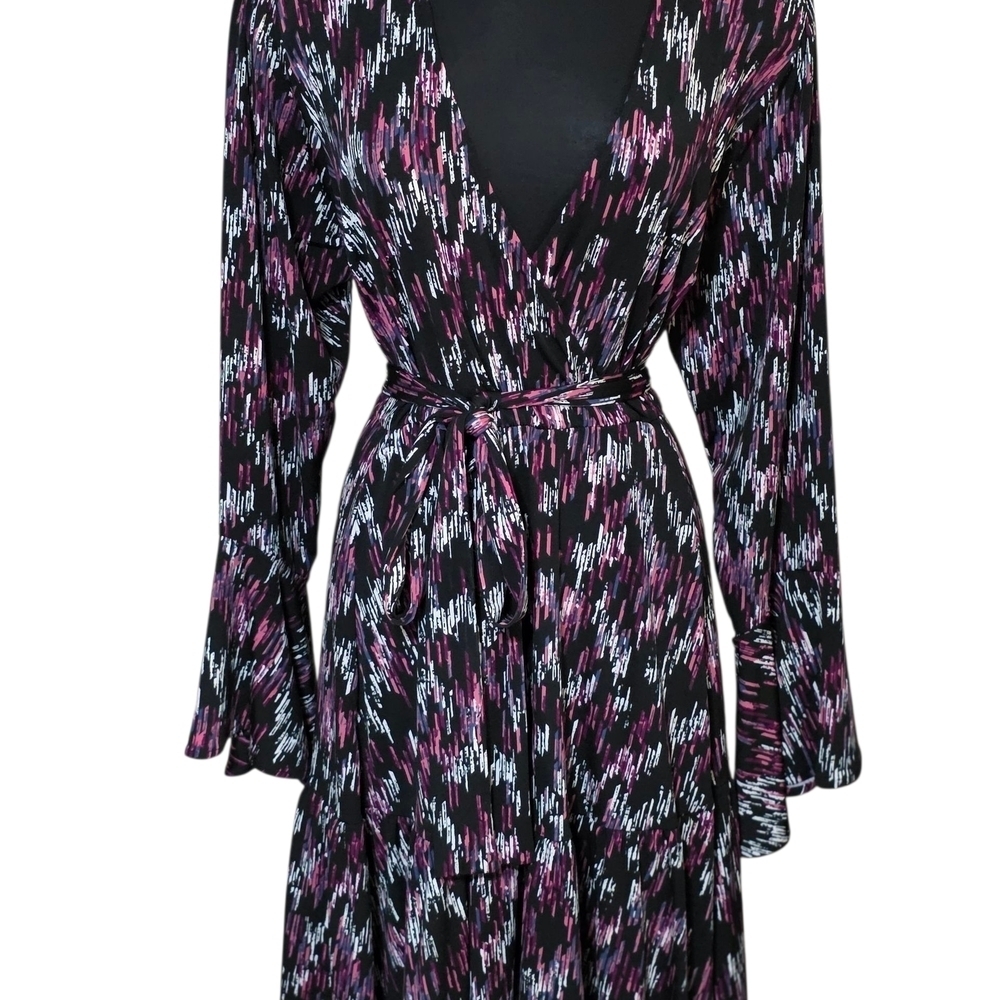Mini Studio Knit Tiered Dress | Black Purple Print Long Ruffle Sleeve Size 2 image 4